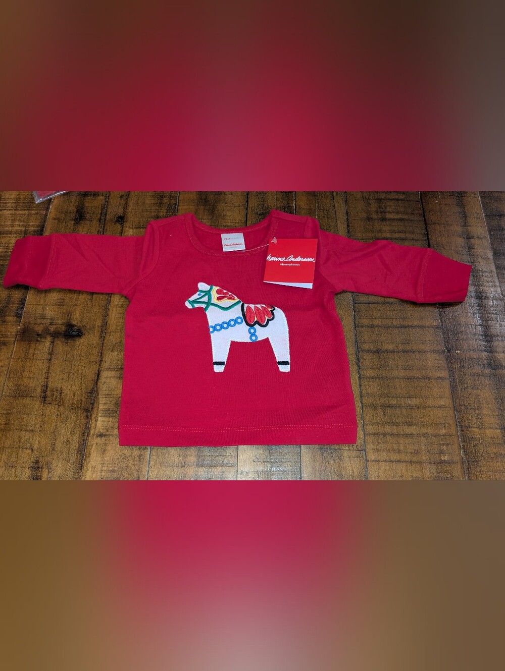 Hanna Andersson Red Long-Sleeve Tee with Dala Horse Applique, 70, New